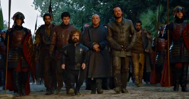 Pod, Tyrion, Varys and Bronn meet again. Image: edited screencap, SL